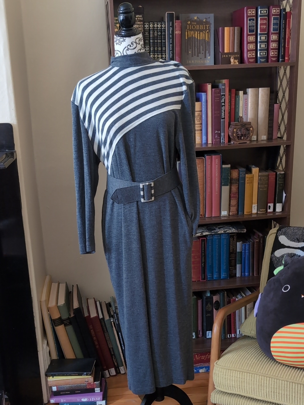 Vintage Belted Knit Dress Grey White Stripes M